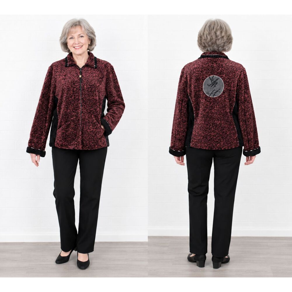 K.D.Spring M L Burgundy Black Chenille Asian Themed Zip Front Casual Jacket